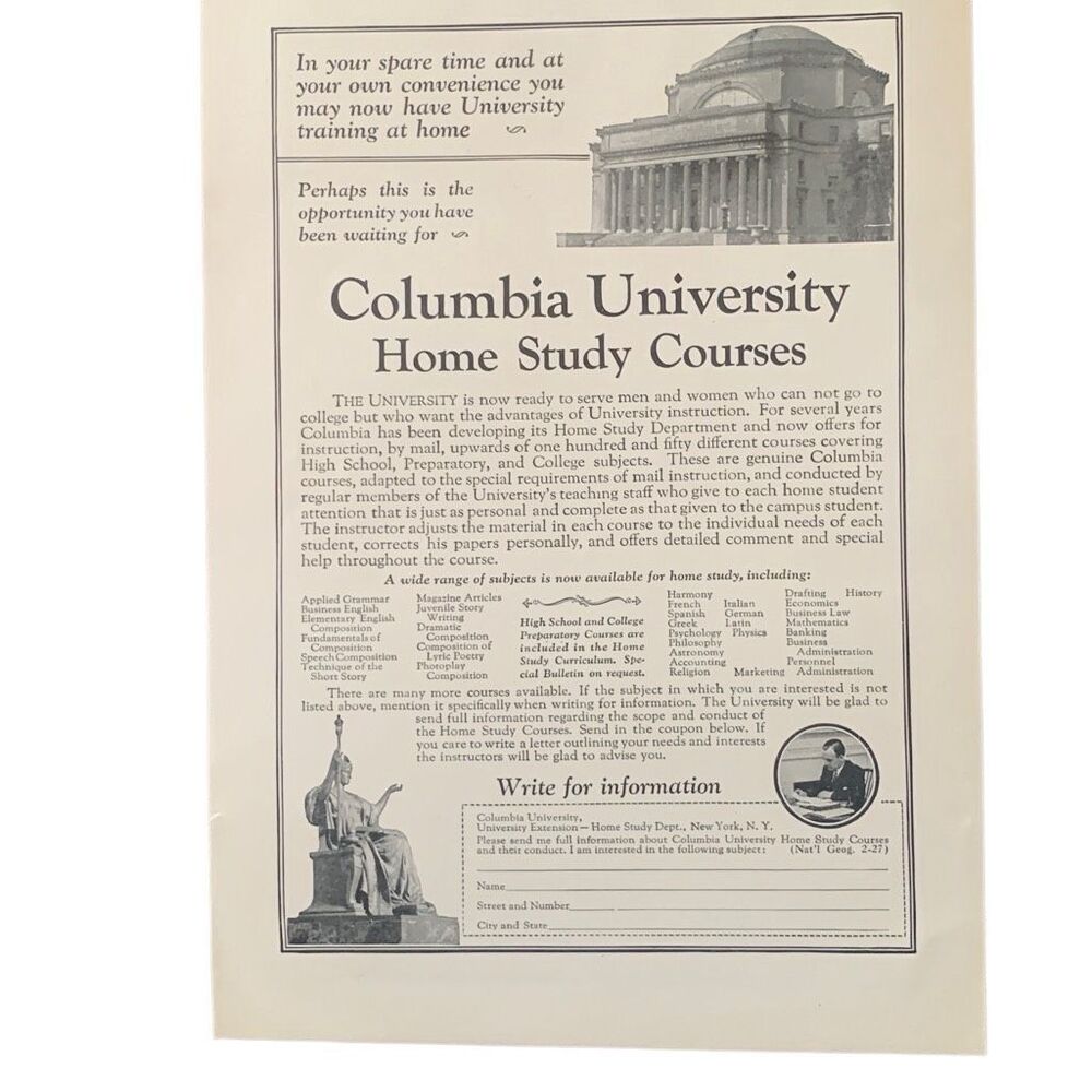 Vintage 1927 Columbia University Home Study Courses Ad Advertisement